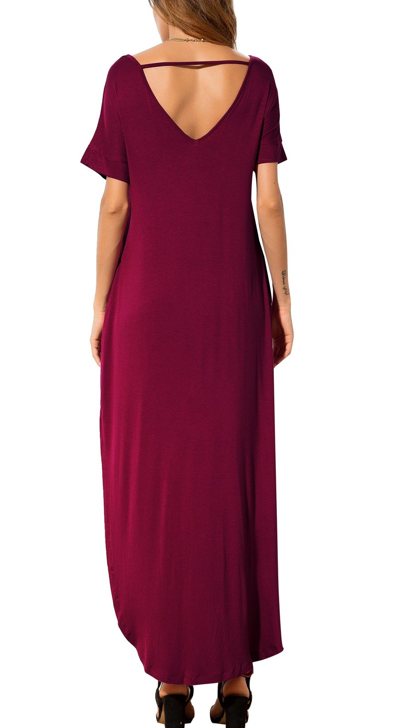 GRECERELLE Women's Maxi Dress Summer Casual Loose Side Split Short Sleeve V Neck Long Dresses with Pockets, Burgundy, Medium - Image 3
